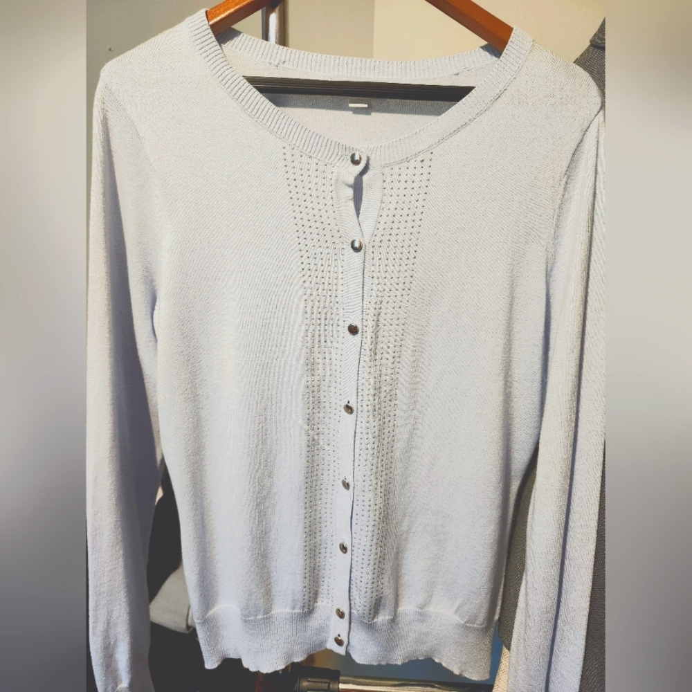 New York & Co. Baby Blue Cardigan, Silver Buttons, and Dots, Large